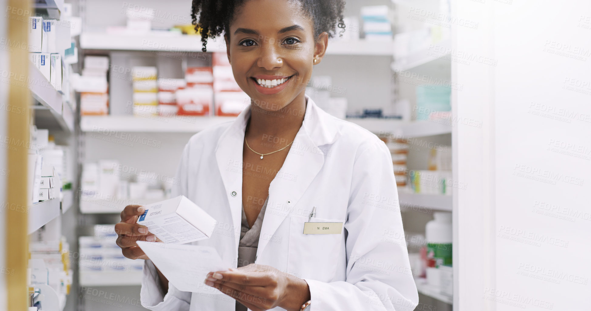 Buy stock photo Black woman, portrait and pharmacist with box for medication, prescription or checklist at pharmacy. Young African, female person or medical employee with smile for pharmaceutical at dispensary store