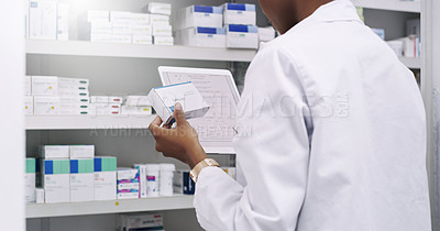 Buy stock photo Digital, tablet and pharmacist hands with medicine for prescription, healthcare inventory and stock checklist. Pharmacy, professional and technology for medical treatment and dispensary inspection