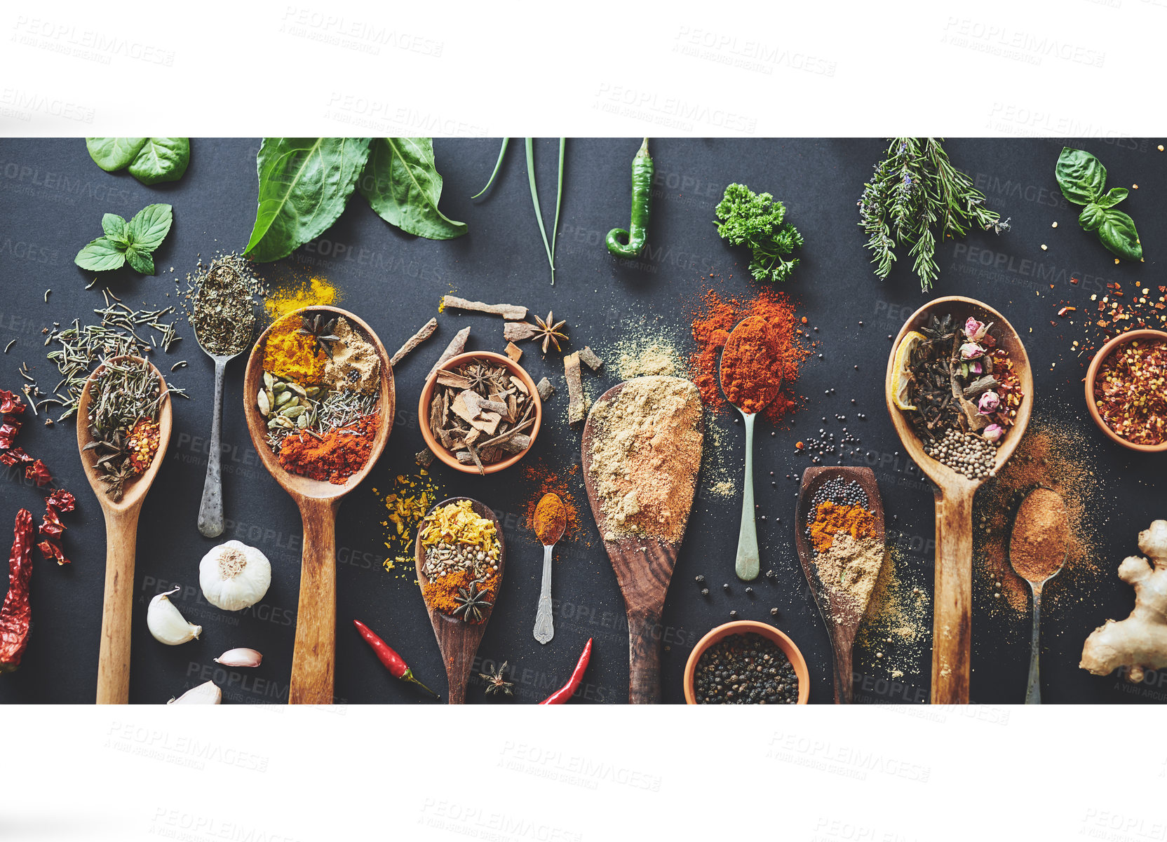 Buy stock photo Table, powder and group of spices in top view, abstract and ingredients for flavor on background. Selection, above and collection of herbs or organic seasoning, textures and dry culinary condiments