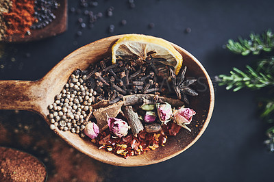 Buy stock photo Herbs, kitchen and spices in top view on background for healthy, natural or organic food. Table, dry lemon and peppercorn above for seasoning, condiments and cooking powder with ingredients closeup