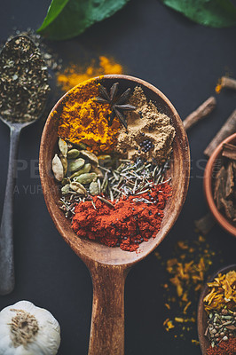 Buy stock photo Herbs, kitchen and many spices on background for healthy, natural and organic Indian food. Table, top view and powder above with paprika for seasoning, medicine and cooking with tumeric ingredients