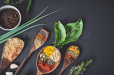 Buy stock photo Kitchen, leaves and spices with spoon for culinary ingredients, flavor and seasoning on counter for cooking. Seeds, rosemary and above table for meal prep, herbs and variety for food at restaurant