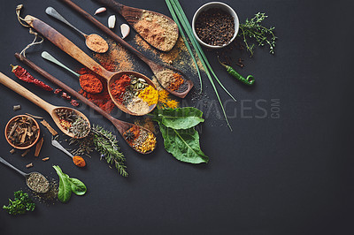 Buy stock photo Kitchen, spices and herbs on table for culinary ingredients, flavor and mockup space with leaves for cooking. Seeds, powder and above counter with meal prep, curry and variety for food at restaurant