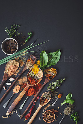 Buy stock photo Kitchen, spices and curry on table for culinary ingredients, flavor and mockup space with leaves for cooking. Seeds, powder and above counter with meal prep, herbs and variety for food at restaurant