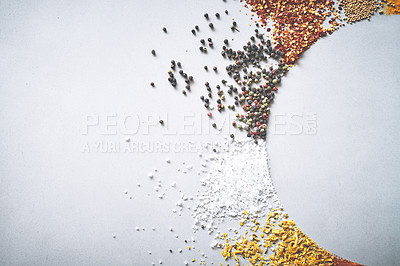 Buy stock photo Salt, seasoning and spices by white background for cooking, dry and aroma for sensory appeal. Mockup space, black pepper or ingredients for flavor with condiment, peppercorn or texture seed in studio