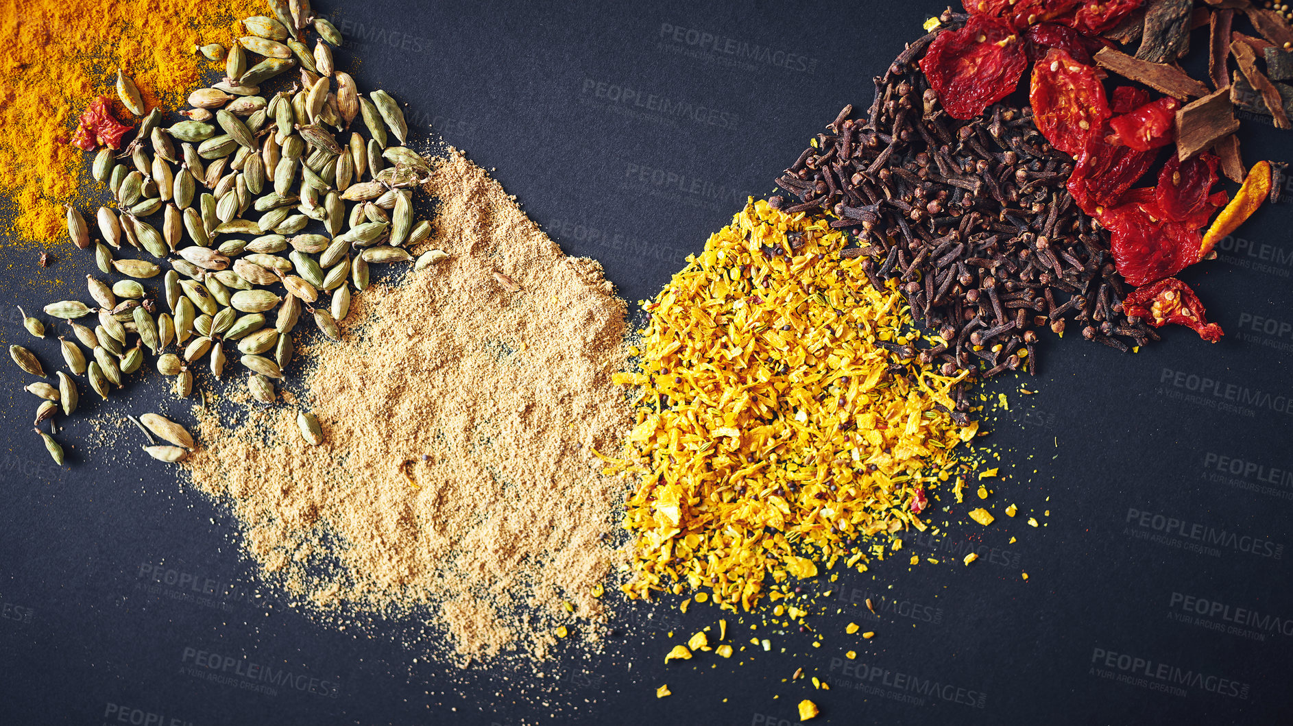 Buy stock photo Collection, spices and seasoning in dark background for flavor, aroma and sensory appeal for creativity with culinary. Studio, condiment and herbs for cultural identity with clove, turmeric or powder