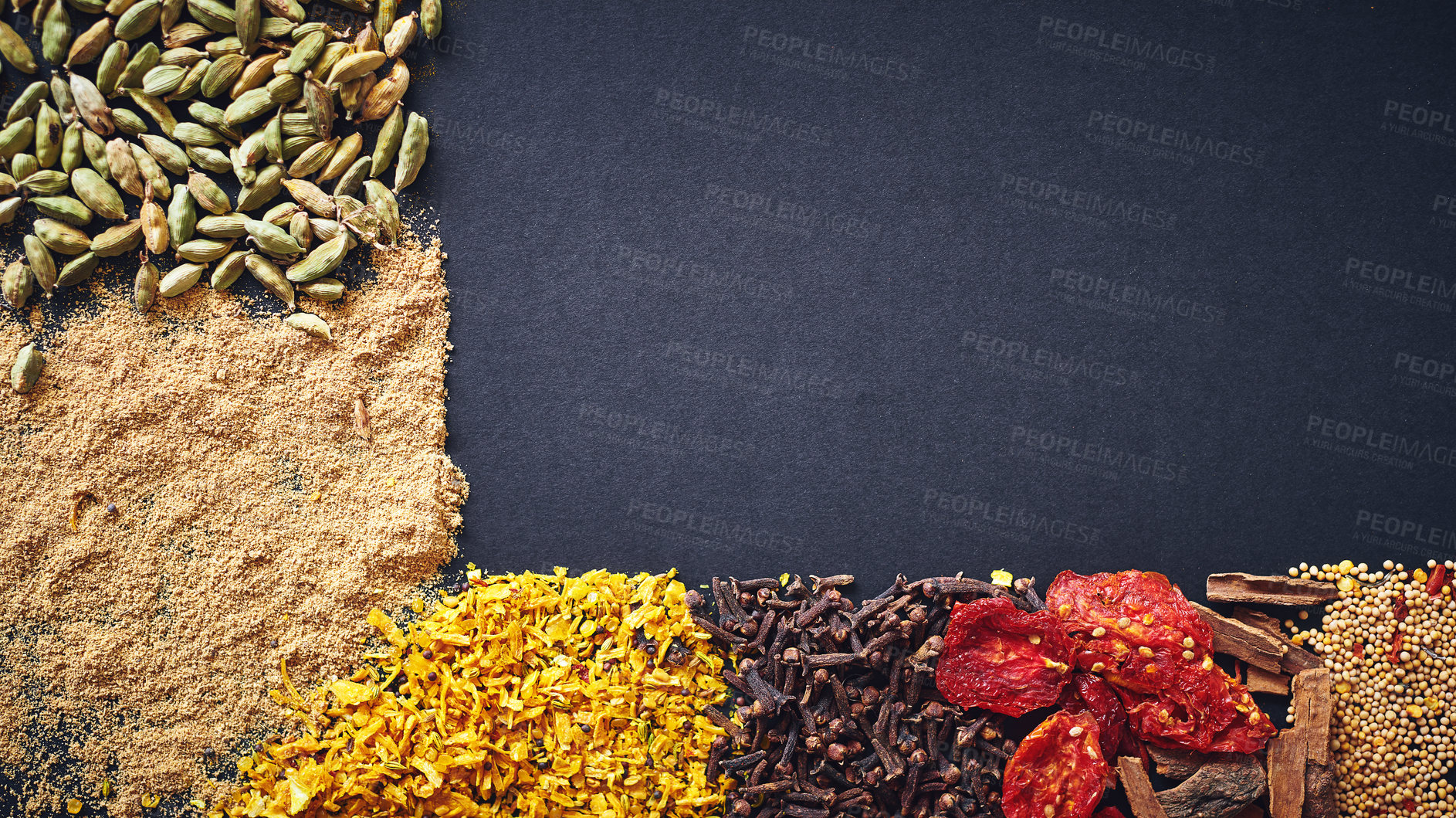 Buy stock photo Variety, spices and texture in dark background for seasoning, aroma and sensory appeal for creativity with culinary. Studio, condiment and flavor for cultural identity with herbs, powder and mockup