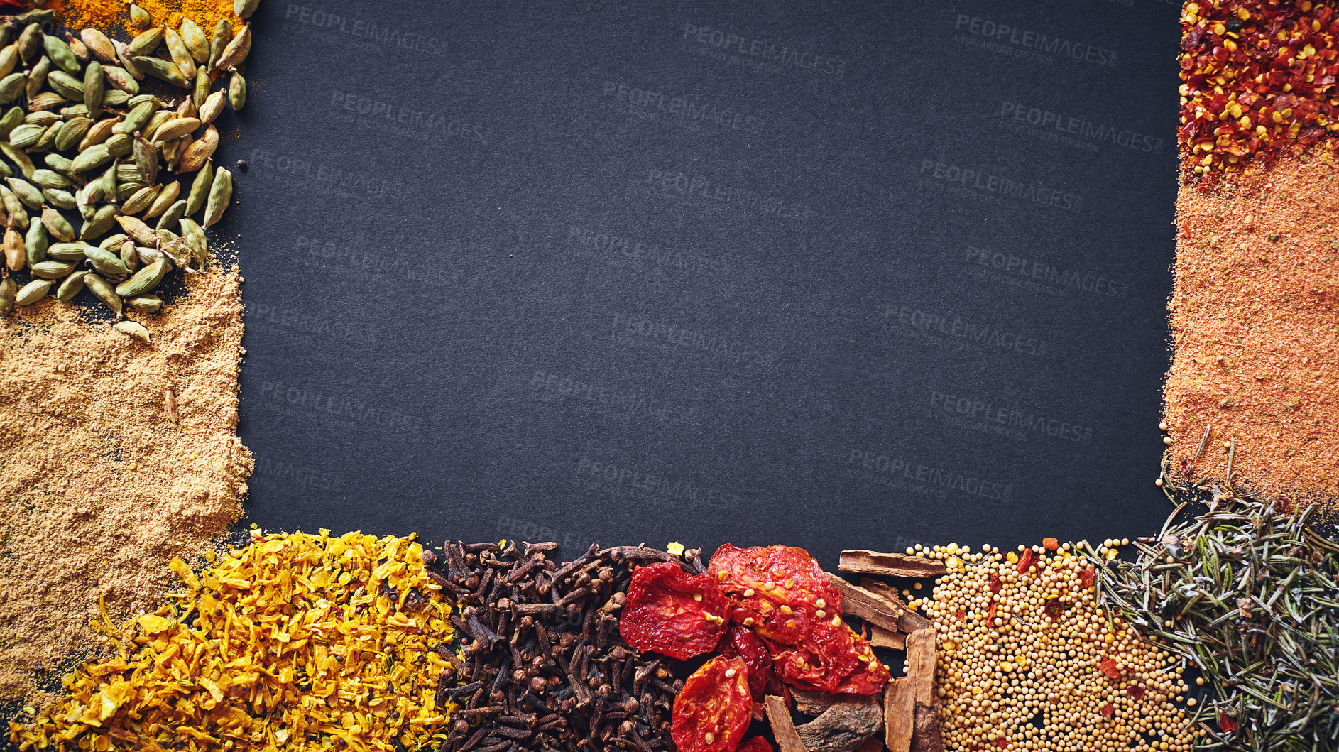 Buy stock photo Ingredients, spices and texture in dark background for seasoning, aroma and sensory appeal for creativity with culinary. Studio, condiment and flavor for cooking with herbs, powder or mockup space