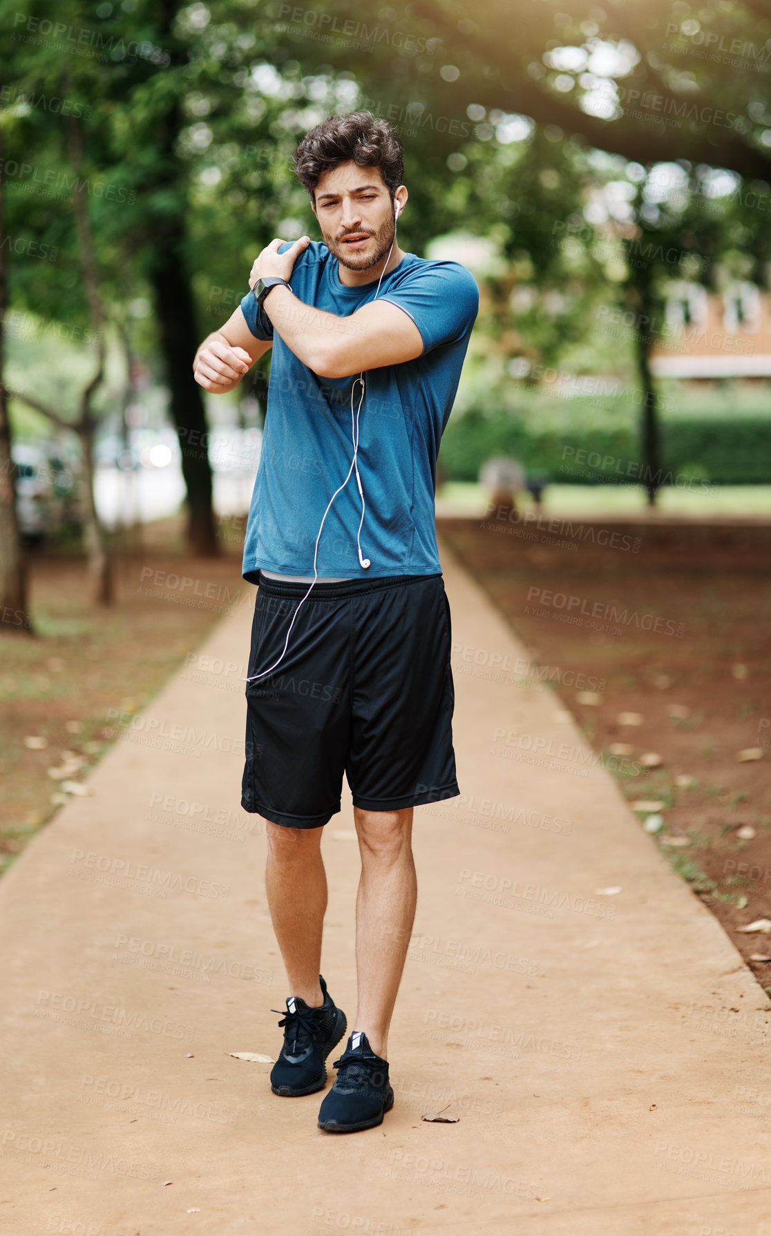 Buy stock photo Fitness, man and runner outdoor with shoulder pain of exercise injury, running accident and medical problem. Athlete, person and body inflammation on morning jog with earphones, uncomfortable or ache