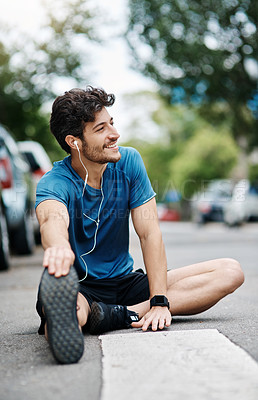 Buy stock photo Man, thinking and stretching legs for exercise, fitness and preparation to run marathon on road. Outdoor, male person and warm up before training, workout and ideas of runner for sports journey