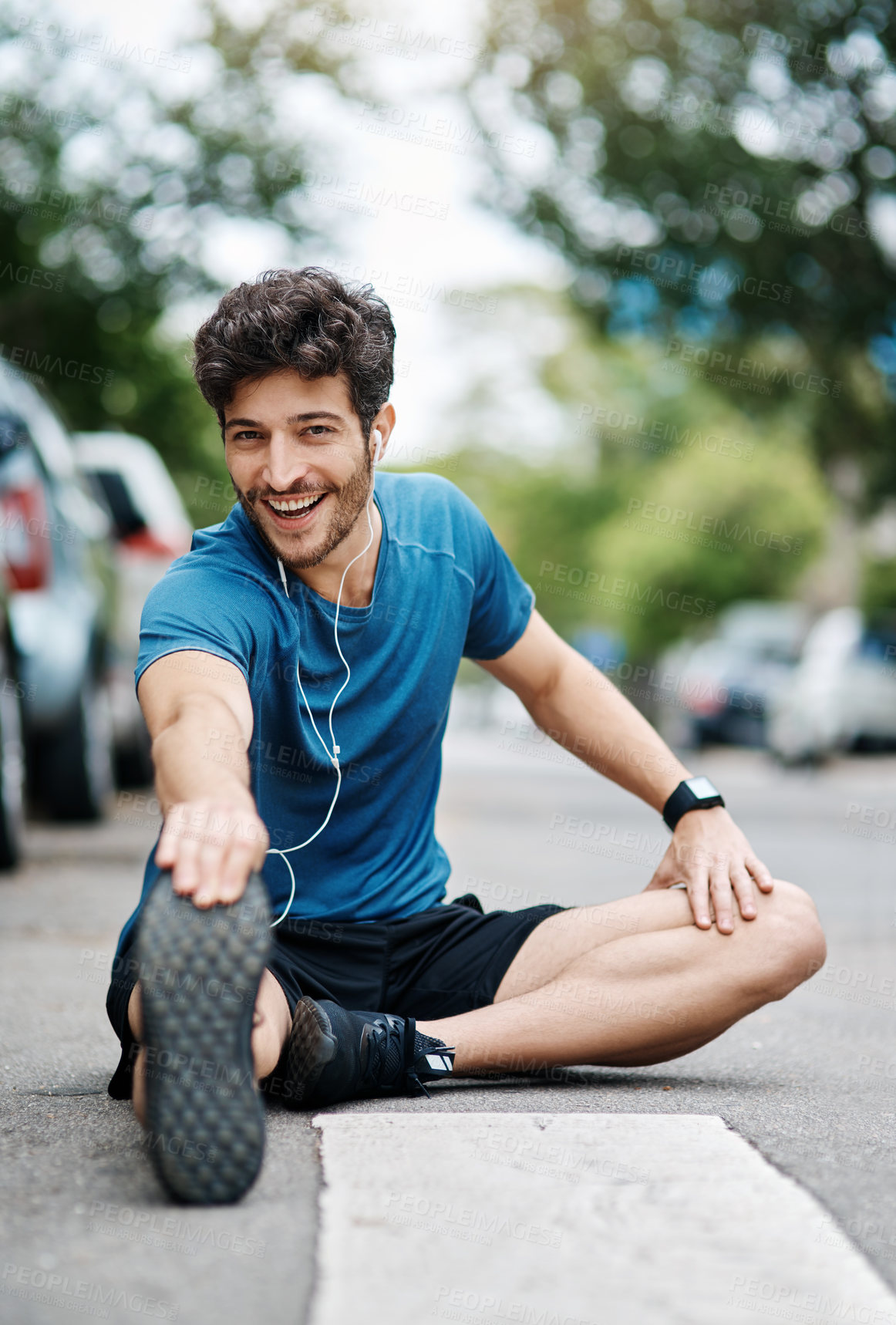 Buy stock photo Man, portrait and stretching legs for exercise, fitness and preparation to run marathon on road. Outdoor, male person and warm up before training, workout and ideas of runner for sports journey