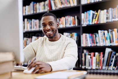 Buy stock photo Portrait, smile and black man in a library, computer and search website for information, research and knowledge. Face, male person and student with technology, internet and university for education
