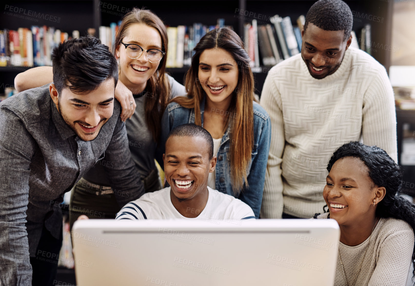 Buy stock photo Students, computer and learning in library for education, study and college with exam collaboration. People, tech and diversity on university campus for research project, scholarship and math course