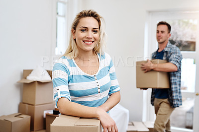 Buy stock photo Face, couple and smile for home, box and man in living room, happy and mortgage for real estate in apartment. Woman, new house and moving with packages, investment and loan for property in USA