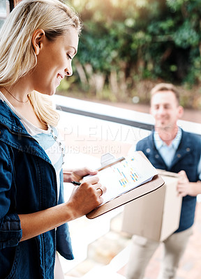 Buy stock photo Delivery man, sign and outdoor with boxes, clipboard and transport of vehicle to load packages and cargo. Happiness, job and person with cardboard, shipping and truck for logistics and ecommerce