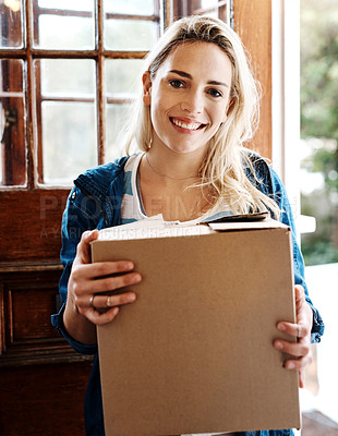 Buy stock photo House, portrait and woman with smile, box and moving in new home, happy and mortgage of investment. Door, face and person in apartment, real estate and loan for property, excited and unboxing