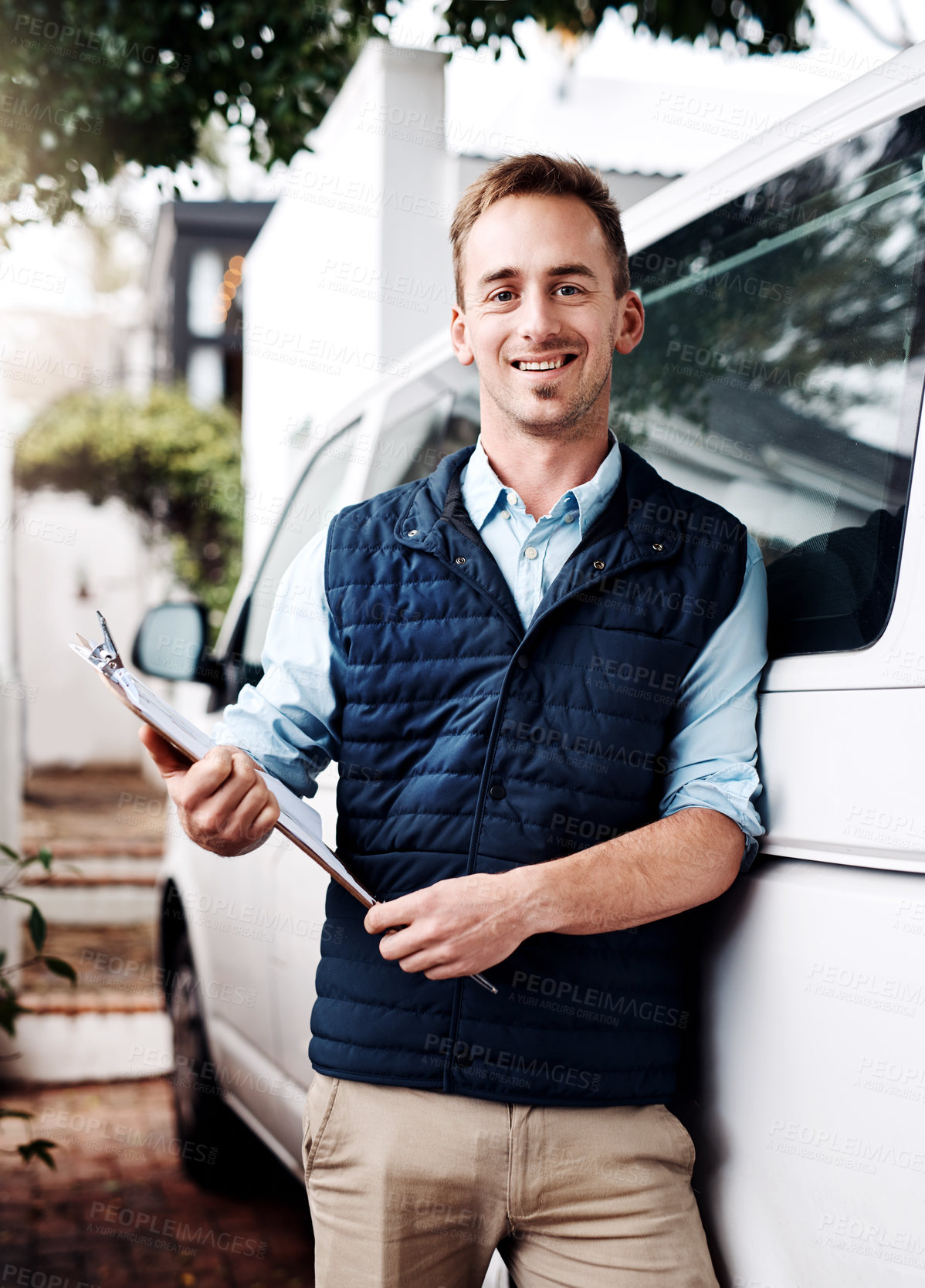 Buy stock photo Portrait, delivery and a courier man with his van, holding a clipboard for an order or address. Logistics, ecommerce and supply chain with a male driver carrying shipping documents for inventory