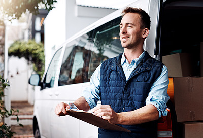 Buy stock photo Thinking, delivery and a courier man with documents by his van, holding a clipboard for an order or address. Logistics, ecommerce or supply with a male driver carrying an inventory shipping checklist
