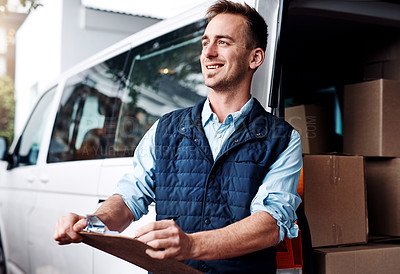 Buy stock photo Idea, shipping and a courier man with his van, holding a clipboard for an order or address. Logistics, ecommerce and supply chain with a male driver thinking of an inventory checklist for delivery