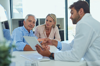 Buy stock photo Doctor, patient or computer green screen in office for test results, digital xray or stress for healthcare report. Senior father, woman or surgeon pointing to chroma key display for medical diagnosis