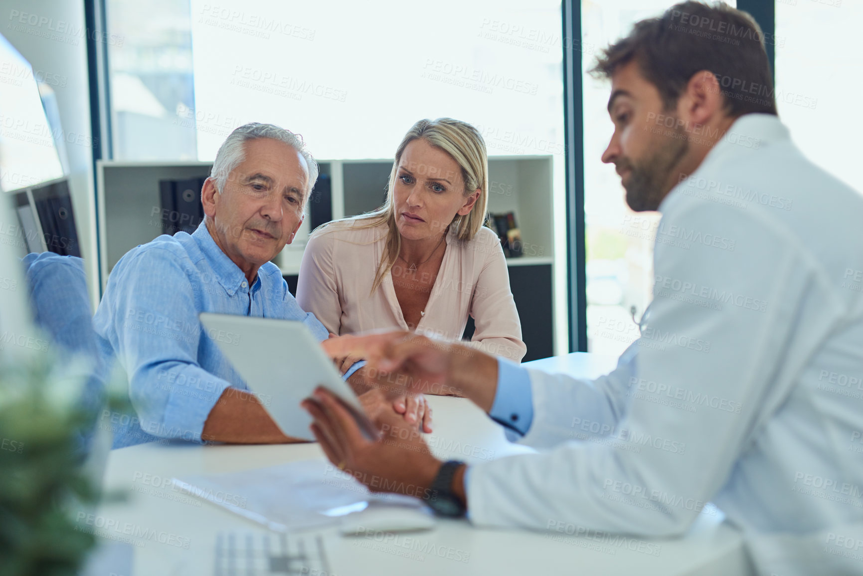 Buy stock photo Doctor, patient or computer green screen in office for test results, digital xray or stress for healthcare report. Senior father, woman or surgeon pointing to chroma key display for medical diagnosis