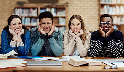 Buy stock photo Portrait, confident and group in library, education and proud of scholarship for college and learning. Studying, university students and happy with knowledge, smile and people in campus and books