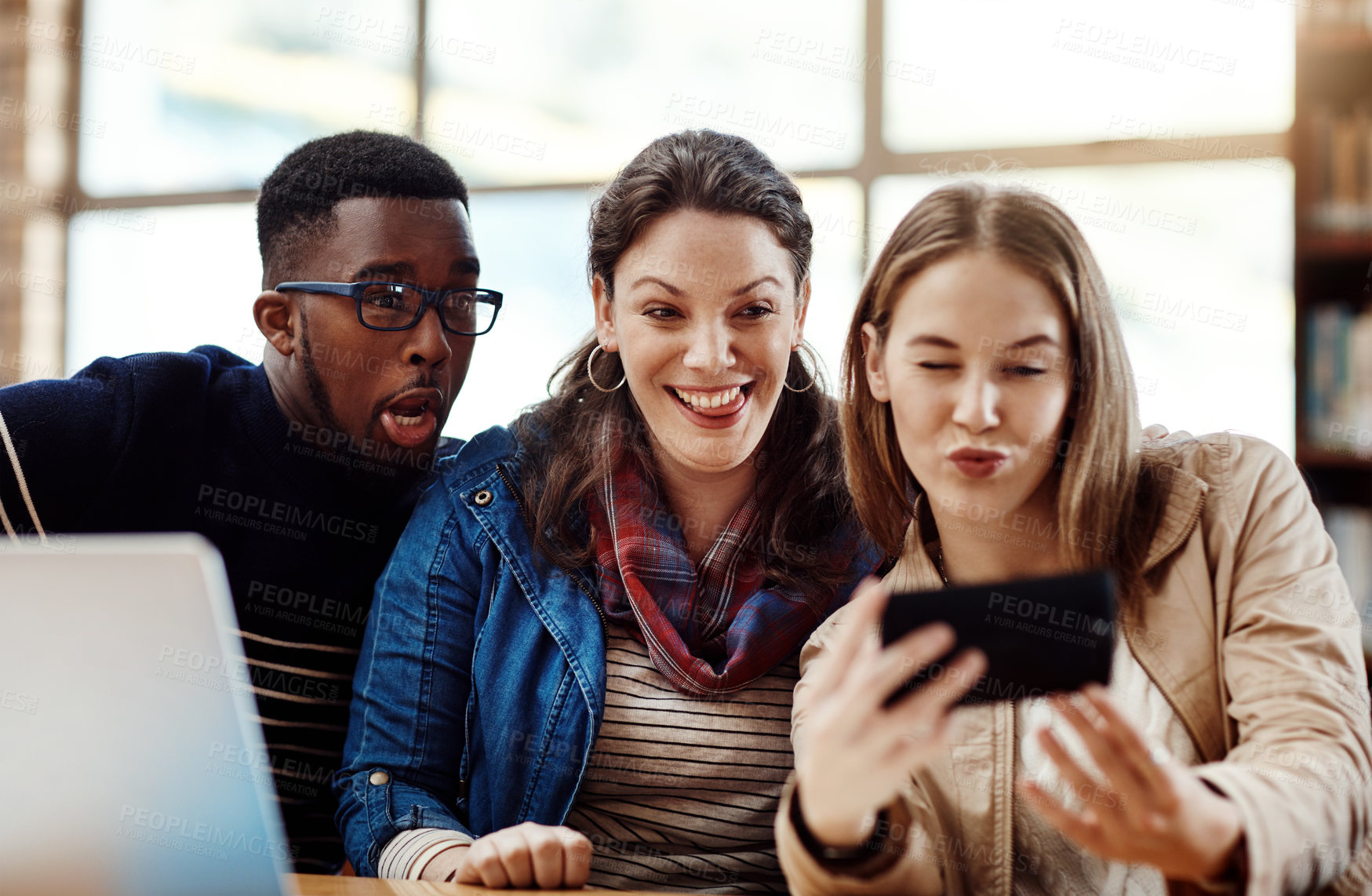 Buy stock photo People, students and silly with selfie on university for photography, social media post and bonding together. Diversity, friends and profile picture update, education study support and college memory