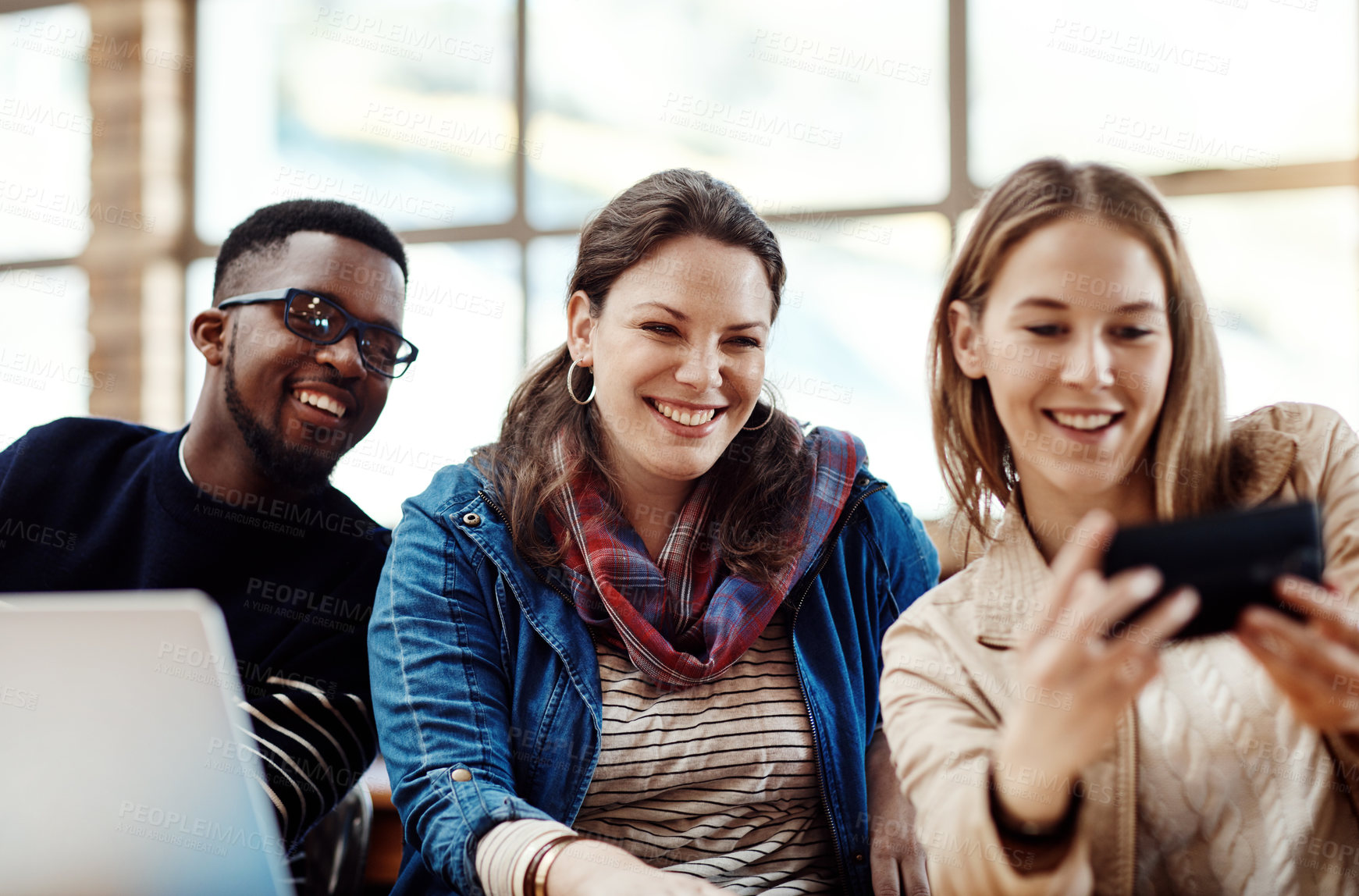 Buy stock photo Students, group and selfie at college, happy and diversity for education, learning and post on social media. Man, girl and friends with photography for memory with profile picture for study at campus