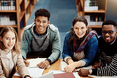 Buy stock photo Portrait, exam and group in library, education and proud of scholarship for college and learning. Studying, university students and happy with knowledge, smile and joy in campus and people with books