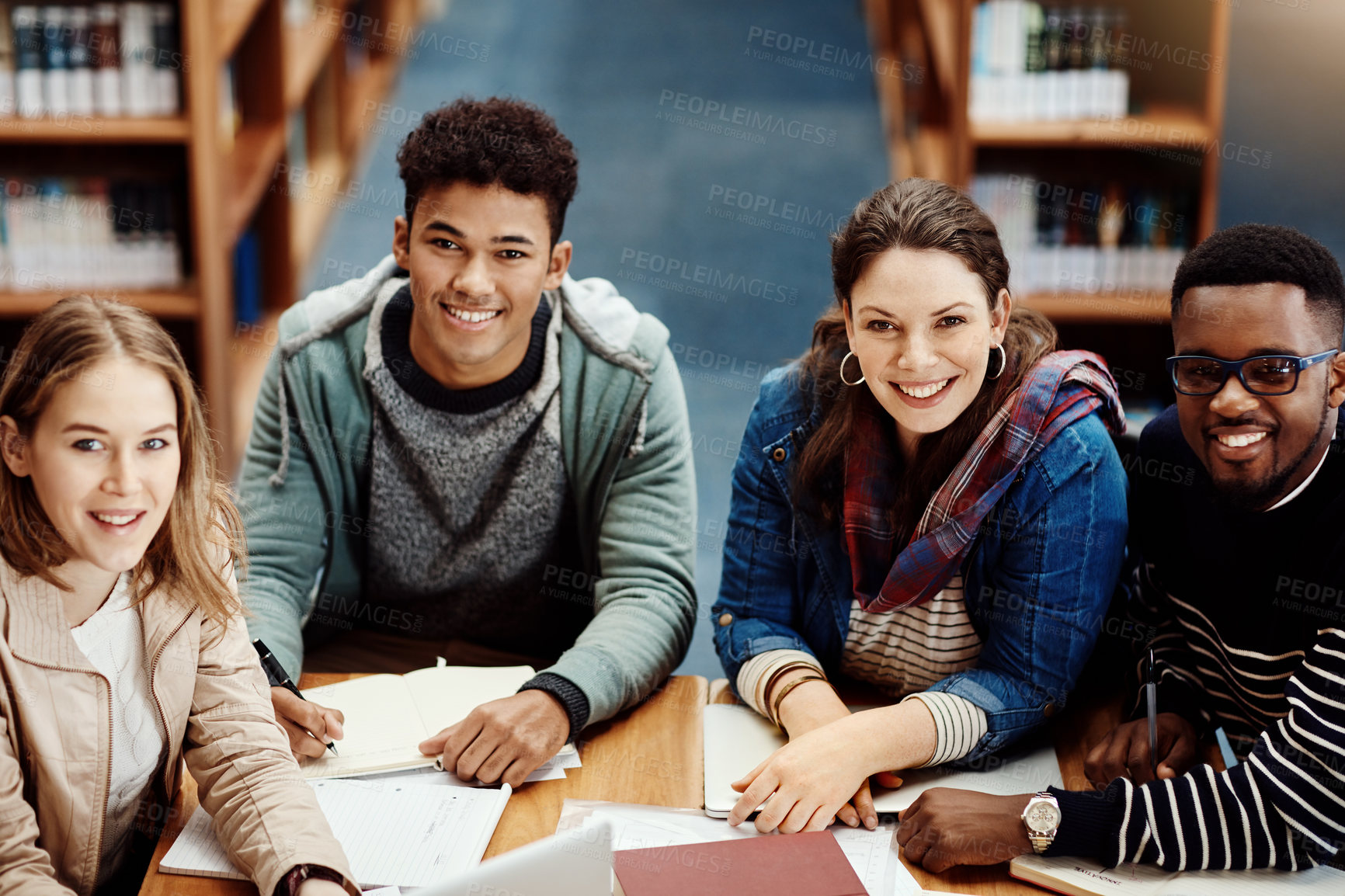 Buy stock photo Portrait, exam and group in library, education and proud of scholarship for college and learning. Studying, university students and happy with knowledge, smile and joy in campus and people with books