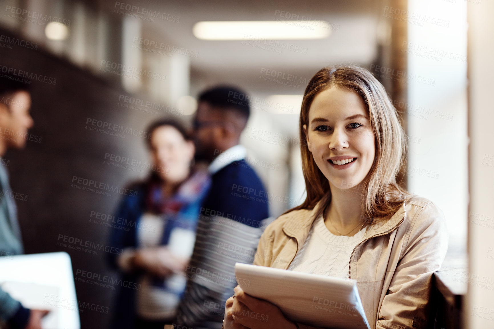 Buy stock photo Portrait, hallway and woman with book, knowledge and proud of scholarship for college and learning. Corridor, university student and happy with education, confident and freshman in campus and smile