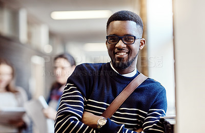 Buy stock photo Portrait, hallway and man with backpack, knowledge and proud of scholarship for college or learning. Corridor, university student and smile for education, arms crossed and person in campus or glasses