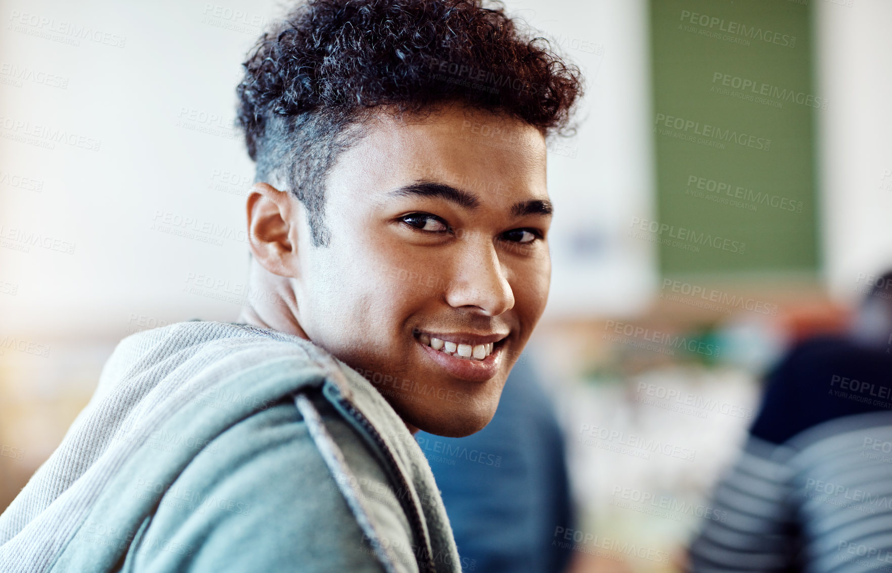 Buy stock photo Student, man and classroom with smile, portrait and cheerful for learning, education and scholarship in Brazil. Male person, happy and lecture for studying, development and knowledge with confidence