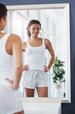 Buy stock photo Black woman, body and mirror smile in home for wellness, workout goals and weight loss progress. African girl, reflection and happy for fitness results with confidence, health and pride in bedroom