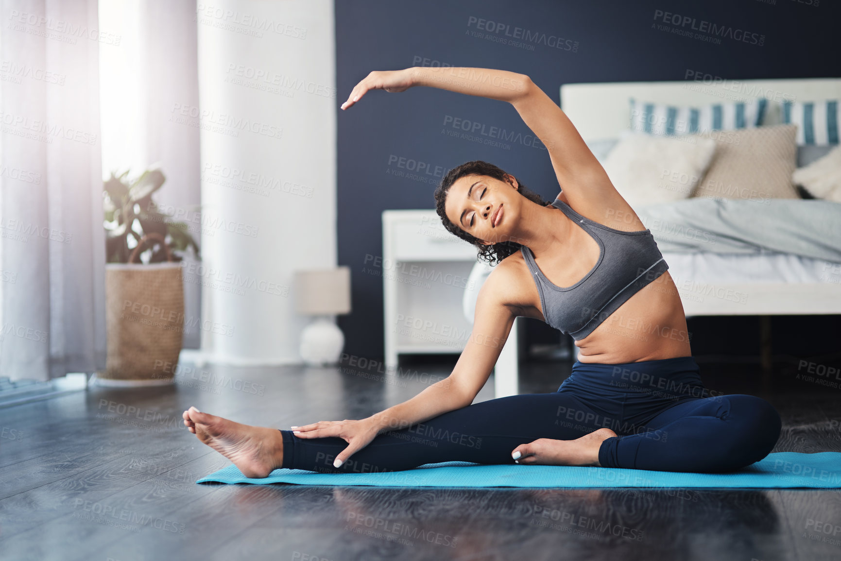 Buy stock photo Fitness, bedroom and woman exercise or doing yoga in her home or house for health, sports and wellness. Healthy, calm and female person training or workout in an apartment floor in the morning