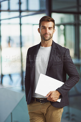 Buy stock photo Man, portrait and confident reporter in office, professional journalist and tablet for planning. Male person, proud employee and lobby of workplace, news consultant and opportunity at media agency