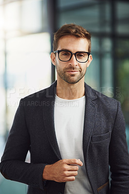 Buy stock photo Smile, glasses and portrait of businessman in office with confidence for finance trade career. Happy, pride and stock market expert from Canada for financial capital gain with investment profit