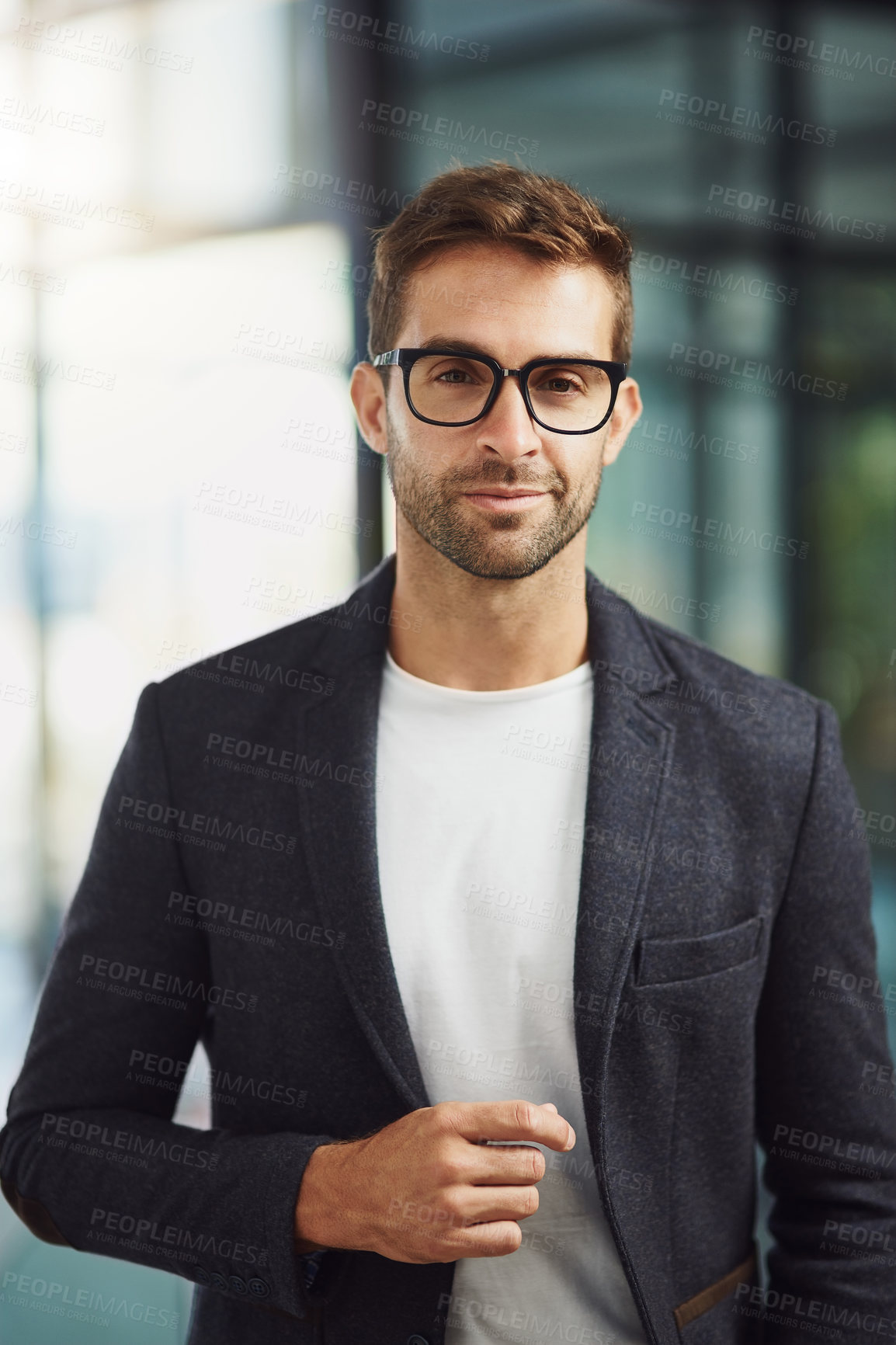 Buy stock photo Smile, glasses and portrait of businessman in office with confidence for finance trade career. Happy, pride and stock market expert from Canada for financial capital gain with investment profit