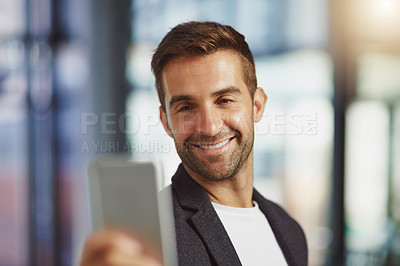 Buy stock photo Cropped shot of a businessman using his cellphone at the office