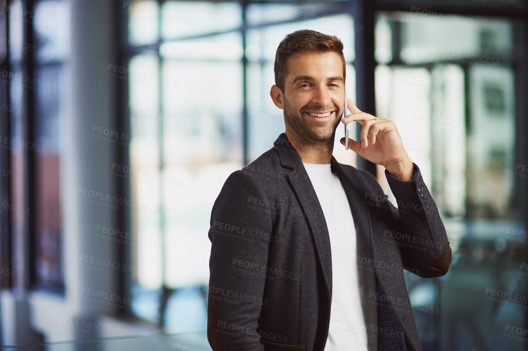 Buy stock photo Businessman, portrait and consulting with phone call in office for financial, negotiation and update. Investment broker, smile and discussion with technology for share price, advice or trading client