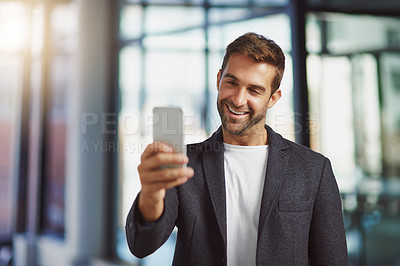 Buy stock photo Smile, confidence and selfie of man in office for video call, connectivity and networking at tech startup. Consultant, architect or designer with online contact, digital photography or live streaming