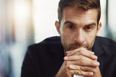 Buy stock photo Thinking, mindset and portrait of business man for policy, finance regulations or compliance officer. Reflection, brainstorming and planning with person at insurance company for risk management