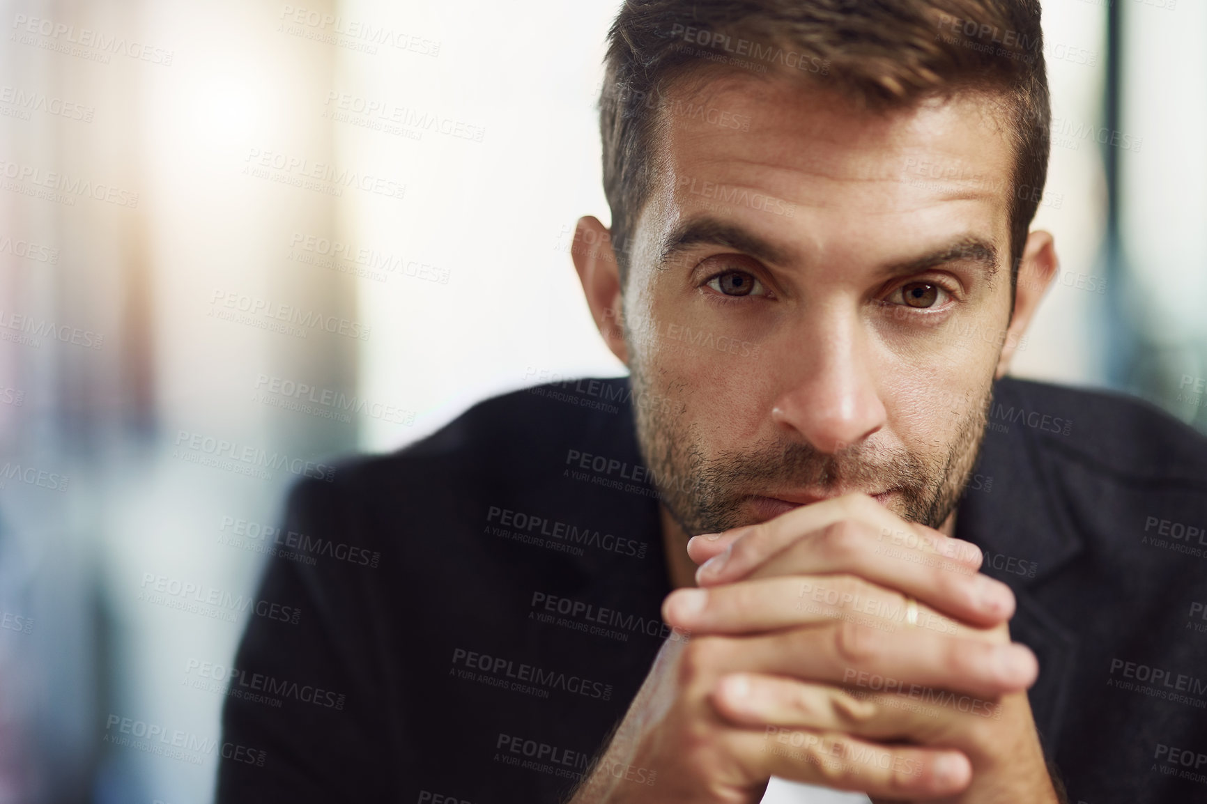 Buy stock photo Thinking, mindset and portrait of business man for policy, finance regulations or compliance officer. Reflection, brainstorming and planning with person at insurance company for risk management