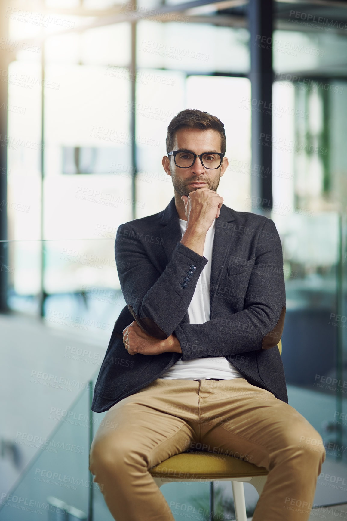 Buy stock photo Businessman, portrait and crossed arms in office on chair for company, trust or about us with glasses.  Financial advisor, face and professional person at work for growth with experience or confident