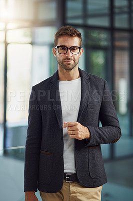 Buy stock photo Business, confidence and portrait of man in office for opportunity, architecture or ambition at startup. Consultant, architect or designer with professional pride, smile and job at creative agency.