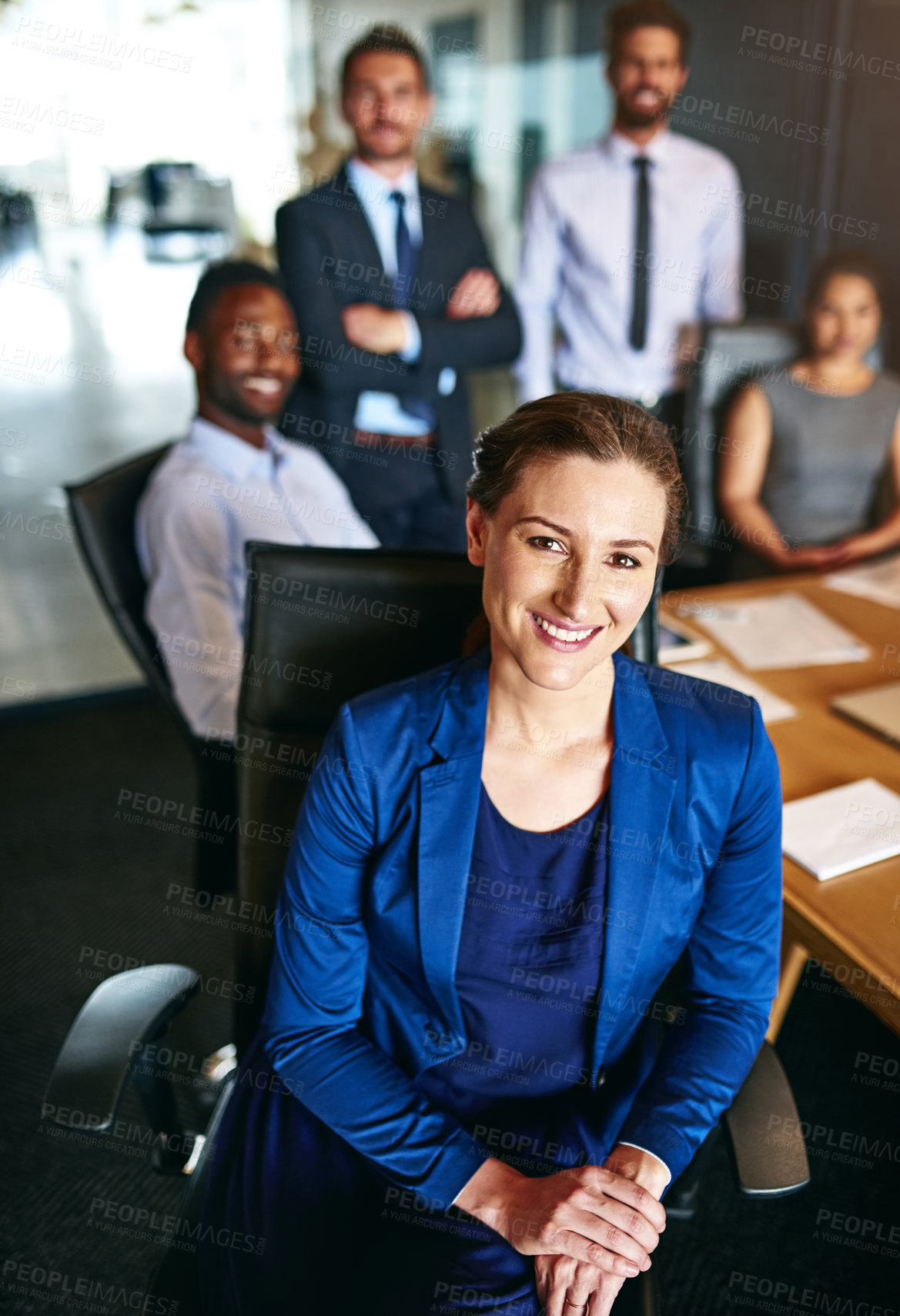 Buy stock photo Woman, happy and portrait in office with team, business meeting and about us with confidence. Leadership, professional or employees in agency with diversity, company development or mentor in workshop