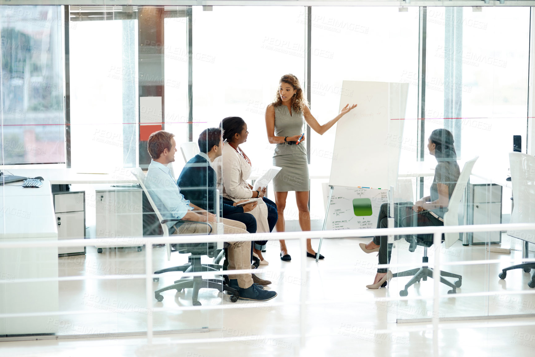 Buy stock photo Woman, presentation and coworkers in office or meeting, business planning and white board demonstration. Presenter, company and goals or idea with strategy, collaboration and professional or project