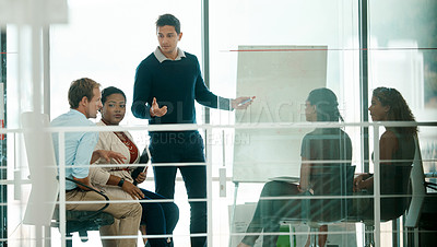 Buy stock photo Business people, presentation and man with feedback, conversation and brainstorming. Investment group, employees and presenter with cooperation, teamwork and leadership with review, sales or planning