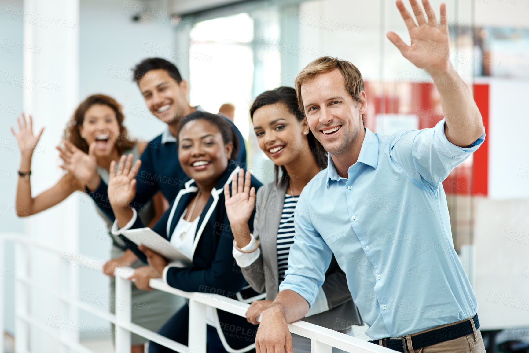 Buy stock photo Happy, business people and hand waving to new employee for hello, support and recruitment on office balcony. Smile, corporate group and team with welcome greeting for onboarding and collaboration