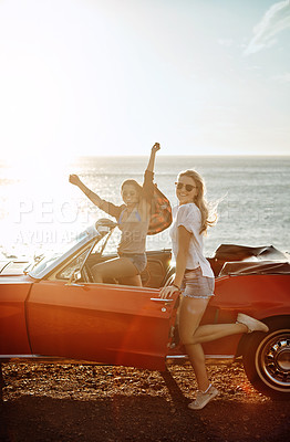 Buy stock photo Friends, woman and portrait in car at beach with freedom, scenery and fun adventure with mockup space. Road trip, people and convertible vehicle on coast at ocean for sightseeing, travel and bonding